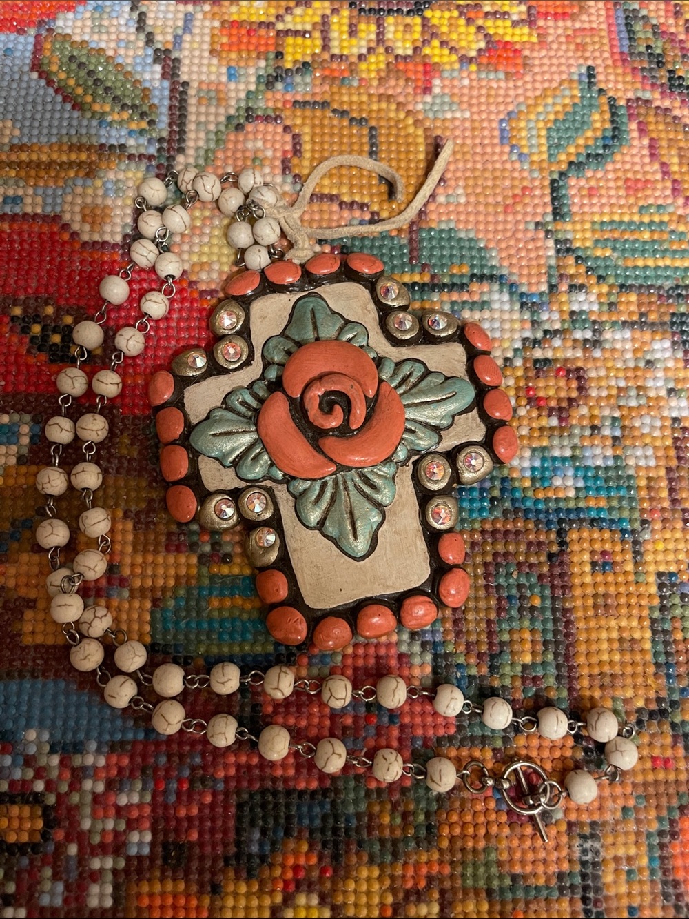 Handcrafted Western Boho Coral Rose Cross Pendant Necklace